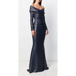 Talbot Runhof Mermaid Royal Navy Glitter Sequin Off The Shoulder Metallic Gown 8